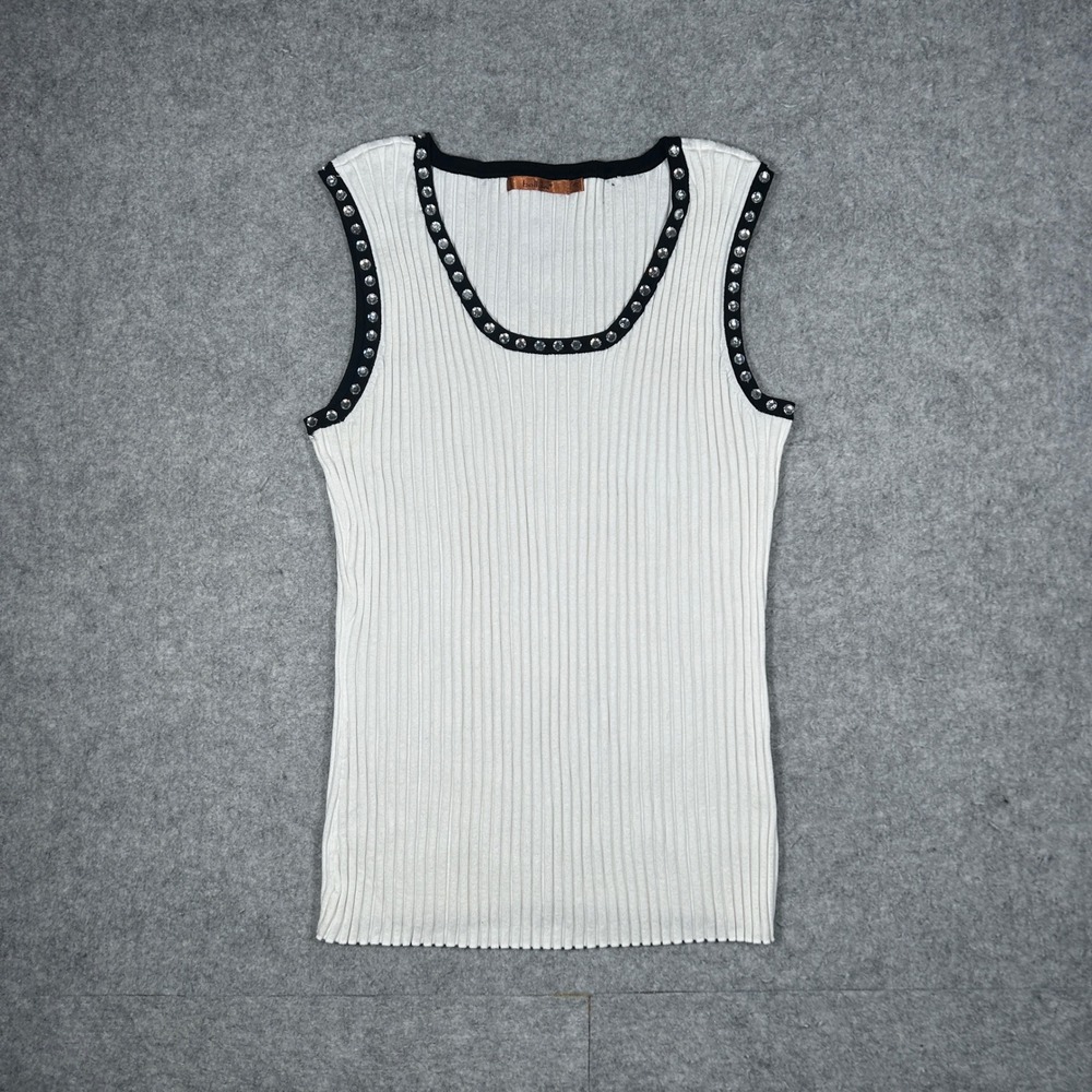 Belldini Tank Top Womens 1X White Rhinestone Studded Ribbed Knit Sleeveless